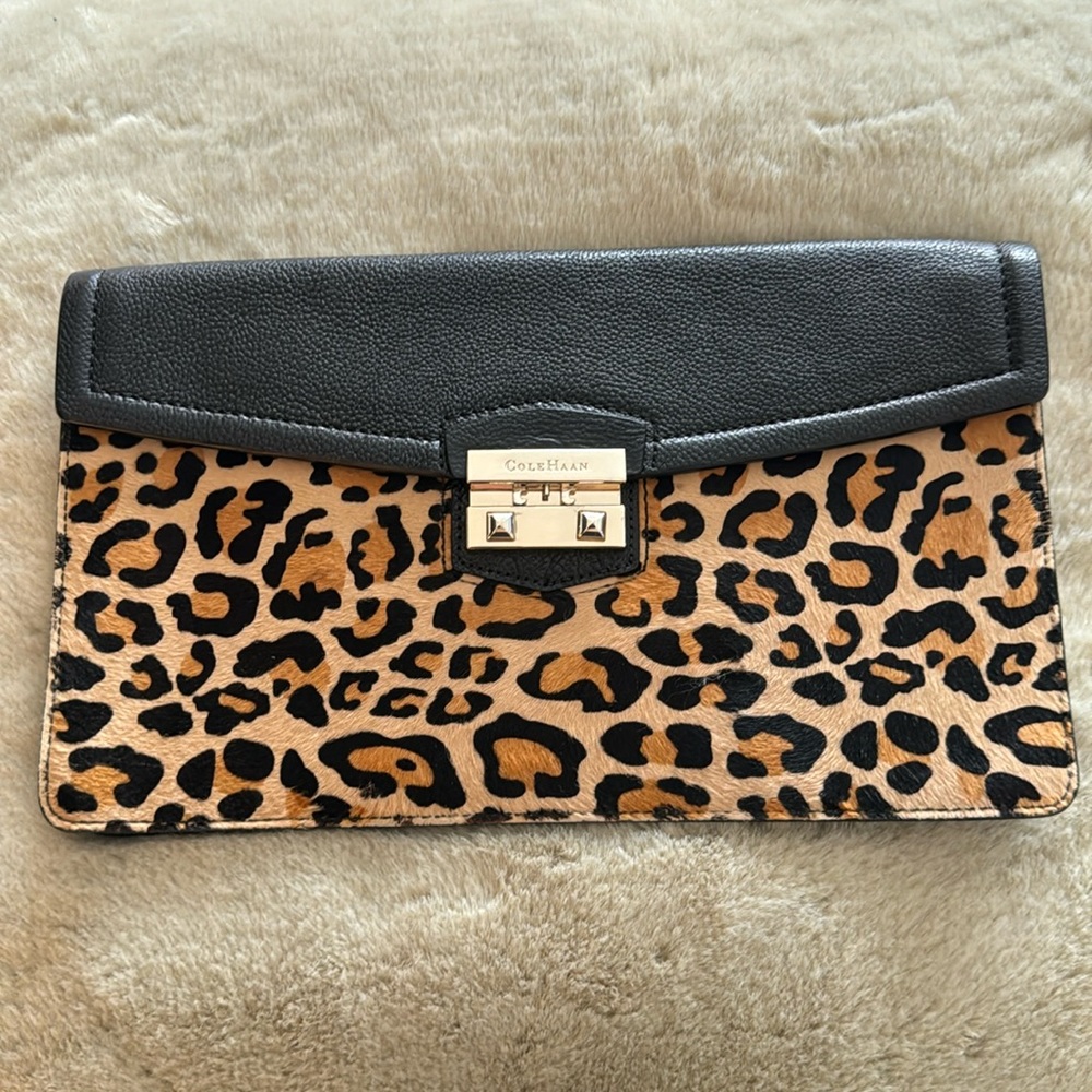 Cole Haan Clutch black leather with leopard print calf hair